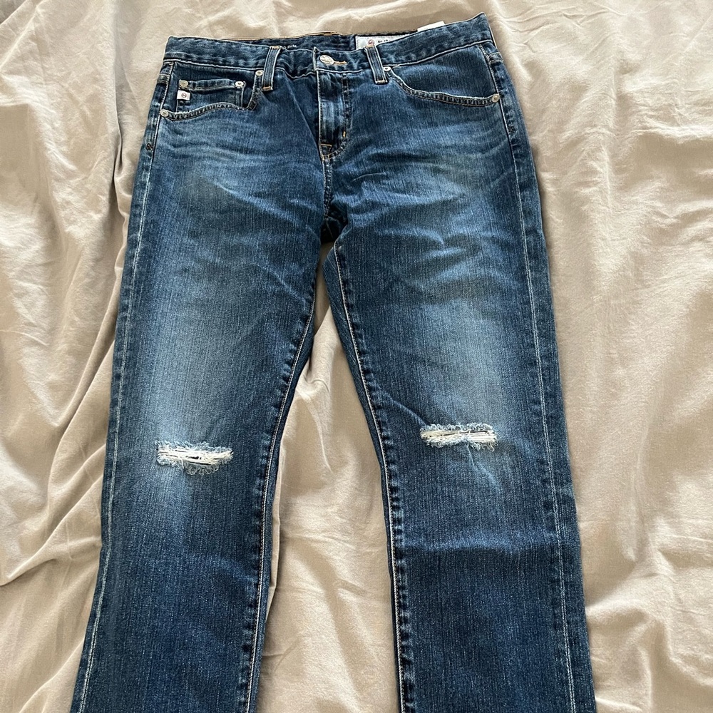 AG distressed the ex boyfriend slim jean. Size 26R, inseam 27”